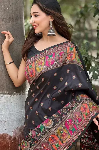 Black floral zari silk blend designer banarasi saree