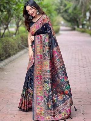 Black floral zari silk blend designer banarasi saree 5