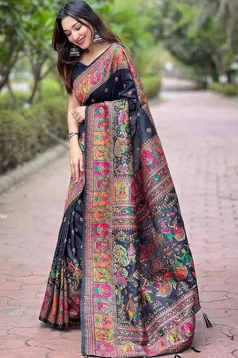 Black floral zari silk blend designer banarasi saree