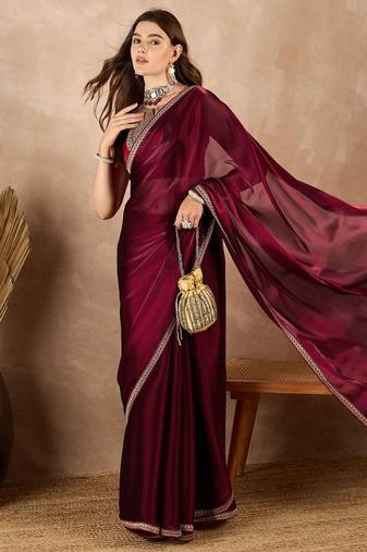 Maroon satin saree