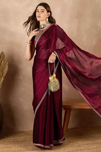 Maroon satin saree