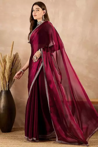 Maroon satin saree