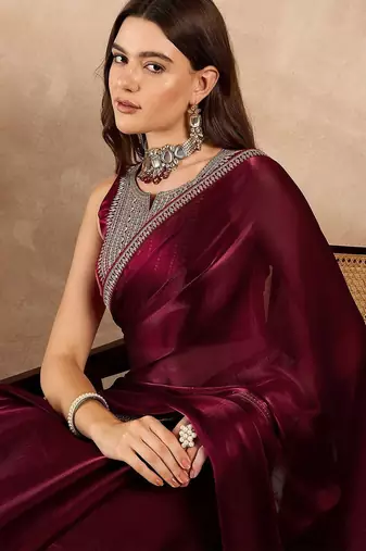 Maroon satin saree