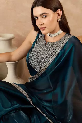 Blue satin saree