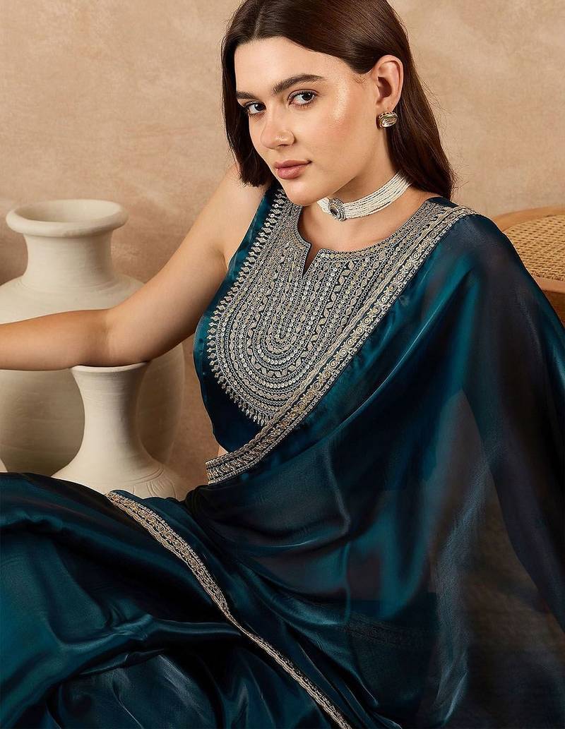 Blue satin saree