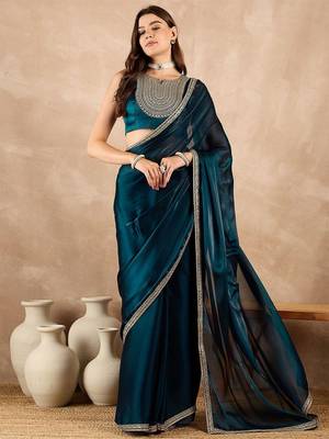 Blue satin saree 2