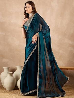 Blue satin saree 3