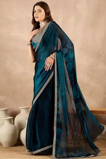 Blue satin saree