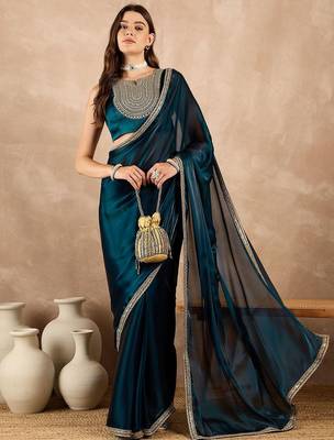 Blue satin saree 5
