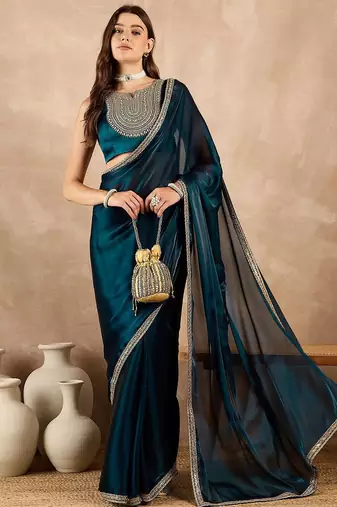 Blue satin saree