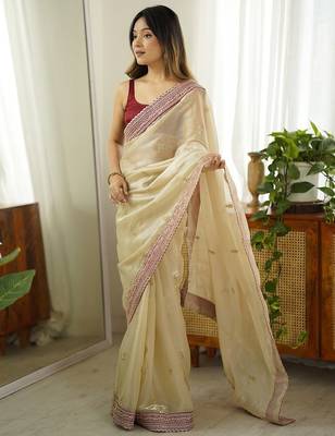 Cream embellished sequinned organza saree 4