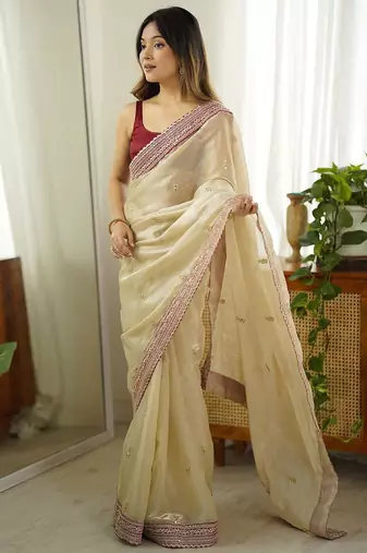 Cream embellished sequinned organza saree