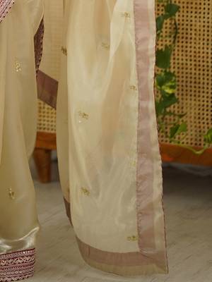 Cream embellished sequinned organza saree 5