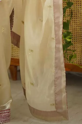 Cream embellished sequinned organza saree