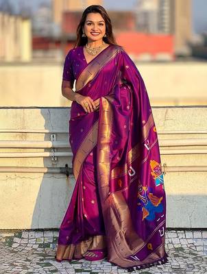 Purple ethnic motifs woven design kanjeevaram saree 1