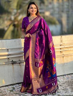 Purple ethnic motifs woven design kanjeevaram saree 3