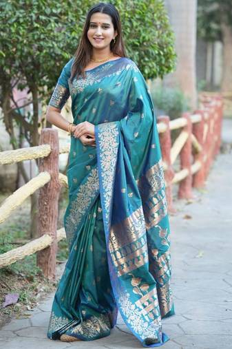 Teal ethnic motifs woven design zari kanjeevaram saree
