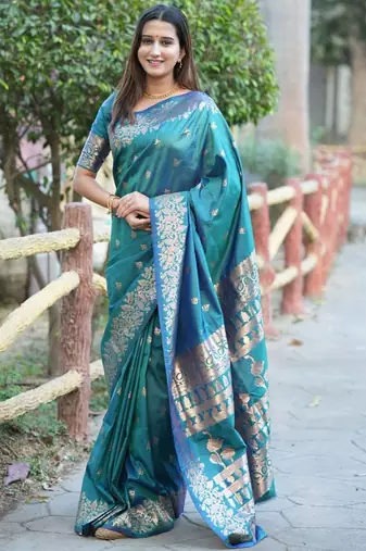 Teal ethnic motifs woven design zari kanjeevaram saree
