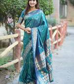 Teal ethnic motifs woven design zari kanjeevaram saree