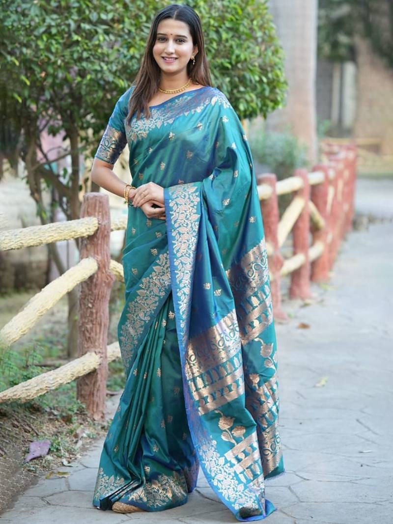 Teal ethnic motifs woven design zari kanjeevaram saree