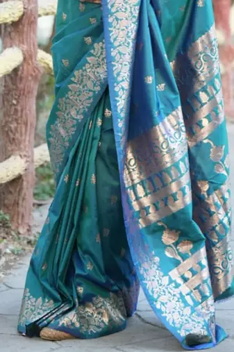 Teal ethnic motifs woven design zari kanjeevaram saree