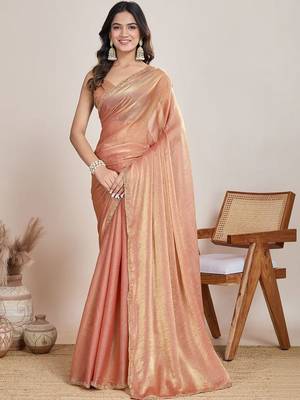 Peach woven design zari  chiffon saree 1