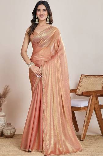Peach woven design zari  chiffon saree