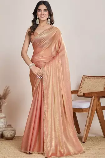 Peach woven design zari  chiffon saree
