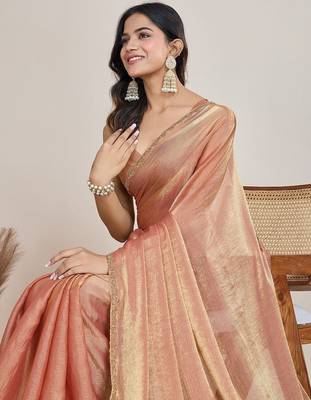 Peach woven design zari  chiffon saree 2