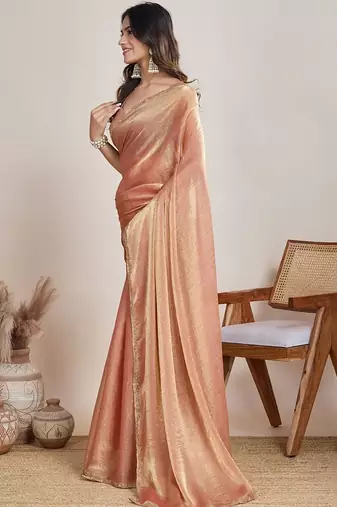 Peach woven design zari  chiffon saree