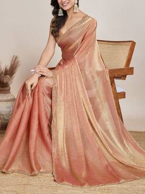 Peach woven design zari  chiffon saree 4
