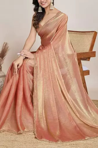 Peach woven design zari  chiffon saree
