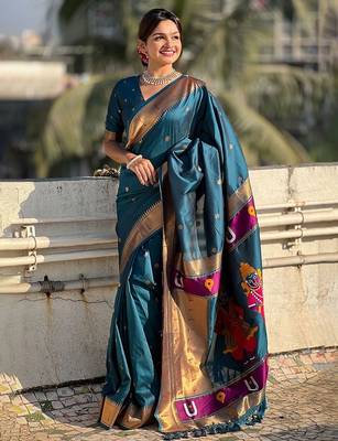 Blue woven design zari kanjeevaram saree 3