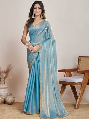 Turquoise  chiffon saree 1