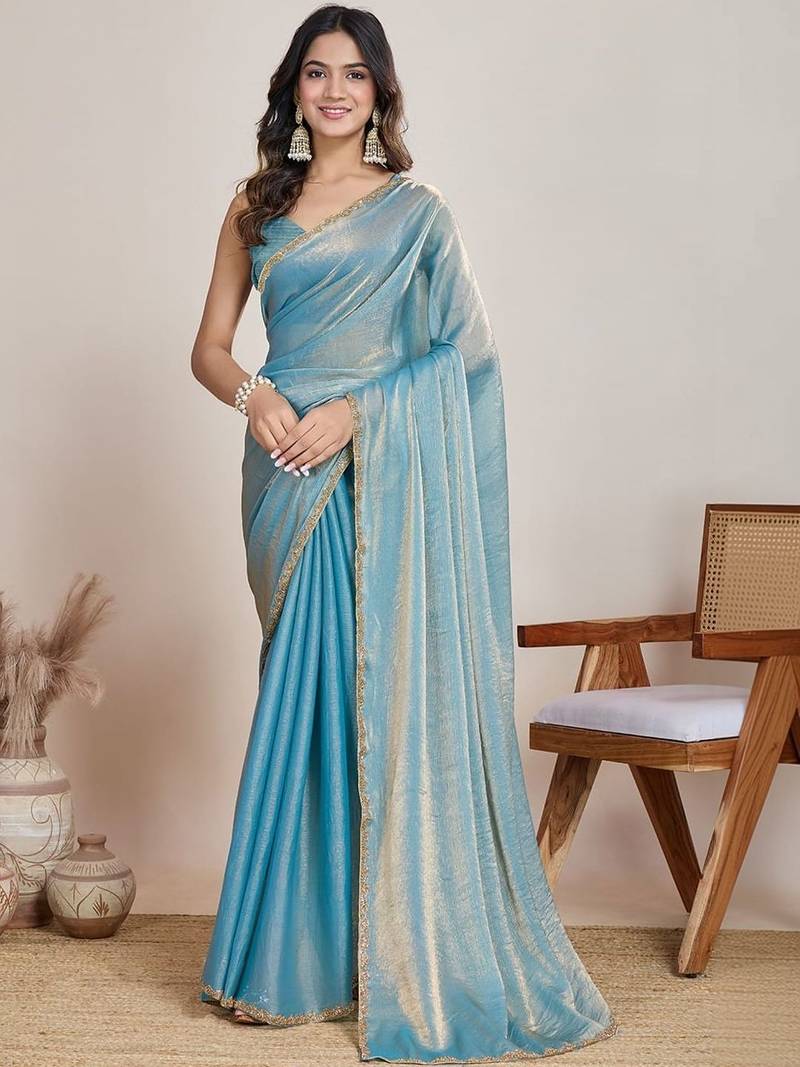 Turquoise  chiffon saree