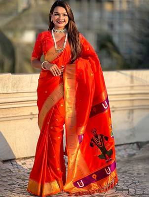 Orange floral zari kanjeevaram saree 1