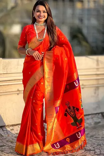 Orange floral zari kanjeevaram saree