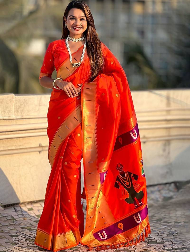 Orange floral zari kanjeevaram saree
