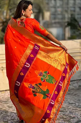 Orange floral zari kanjeevaram saree