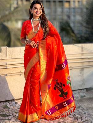 Orange floral zari kanjeevaram saree 3