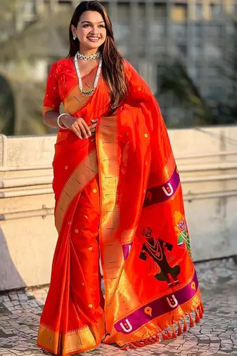 Orange floral zari kanjeevaram saree