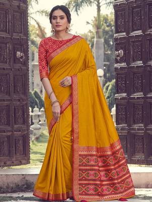 orange silk blend plain saree bordar work with printed blouse 1