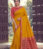 orange silk blend plain saree bordar work with printed blouse