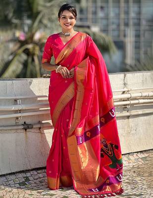 Pink woven design zari kanjeevaram saree 1