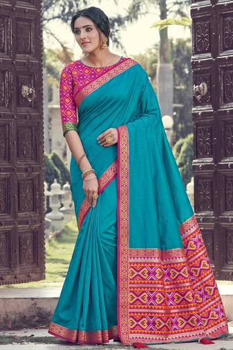 blue silk blend plain saree bordar work with printed blouse
