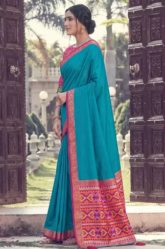 blue silk blend plain saree bordar work with printed blouse