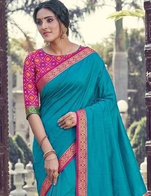 blue silk blend plain saree bordar work with printed blouse 3