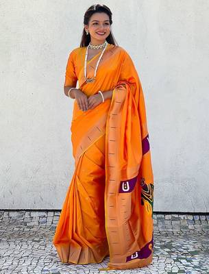 Yellow ethnic motifs woven design zari kanjeevaram saree 1