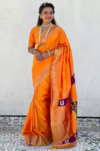 Yellow ethnic motifs woven design zari kanjeevaram saree
