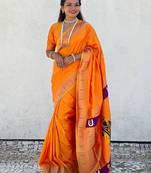 Yellow ethnic motifs woven design zari kanjeevaram saree